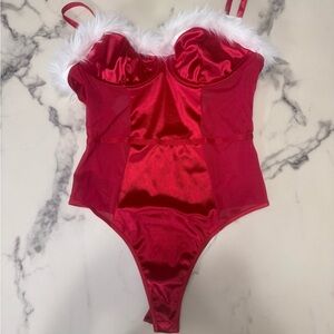 Satin Bodysuit with Fur Trim
